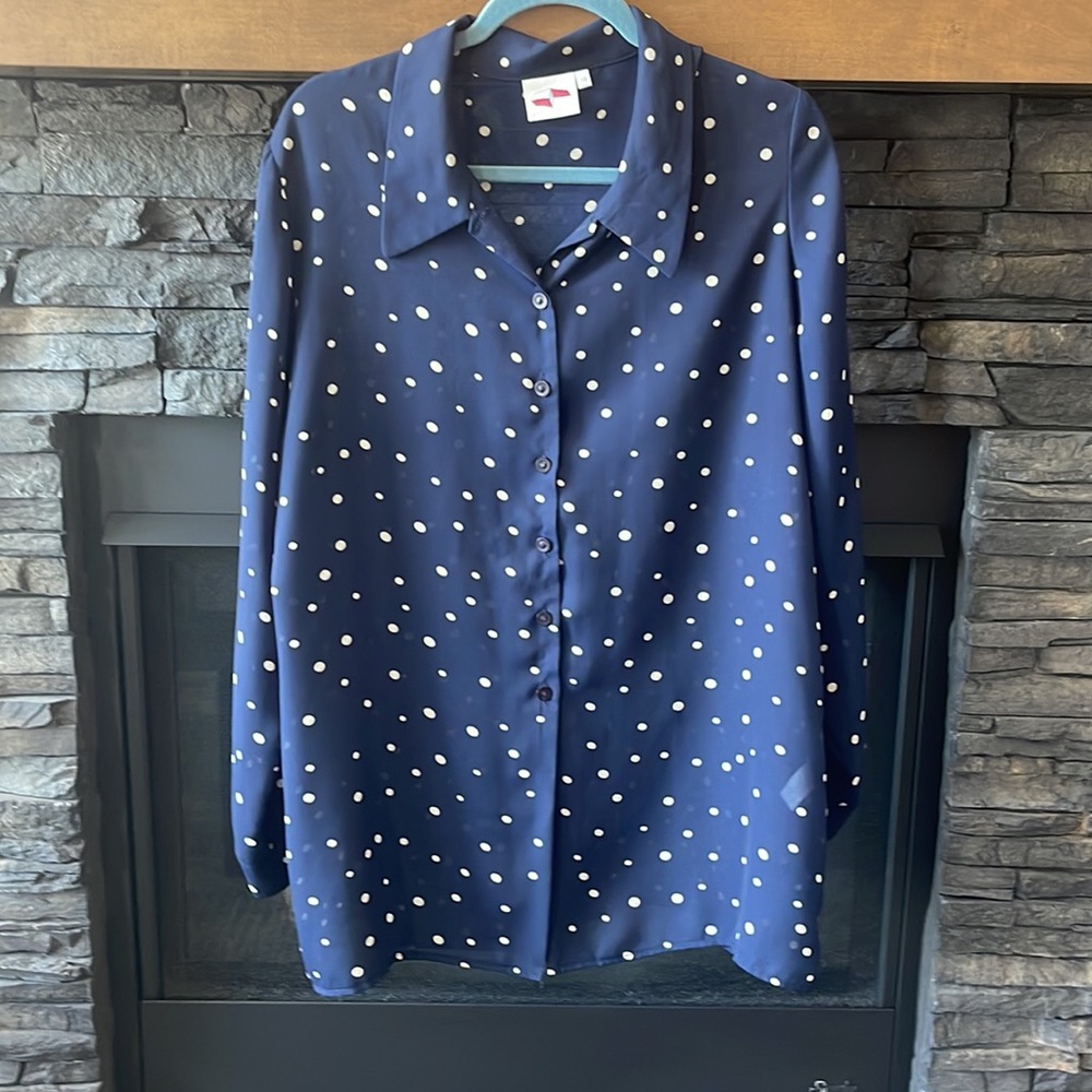 Gorgeous, sheer, navy blue with white polkadot blouse